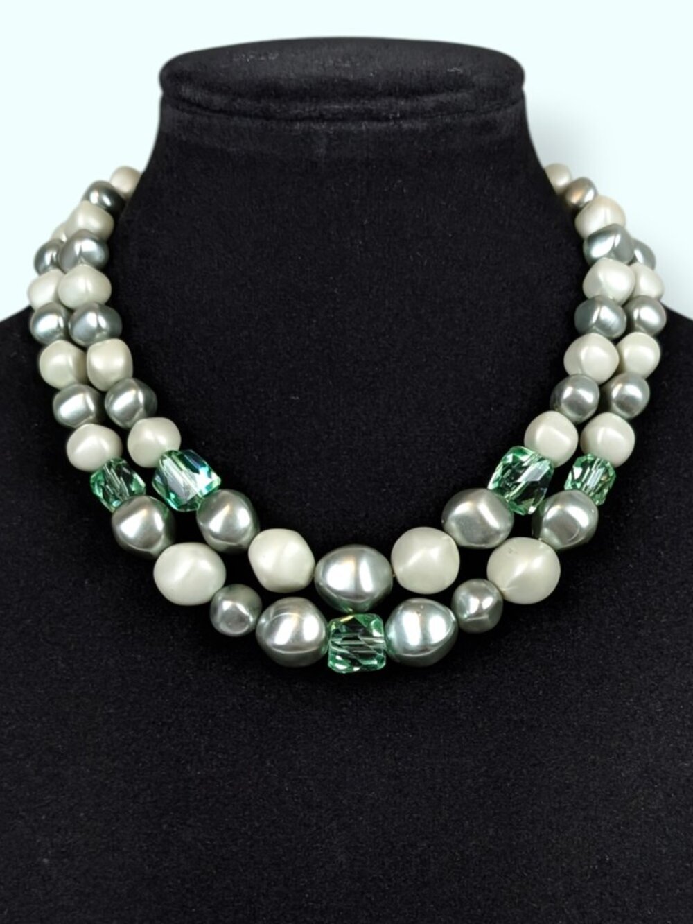 Vintage 2-Strand Metallic Faux Pearl & Green Bead Statement Necklace